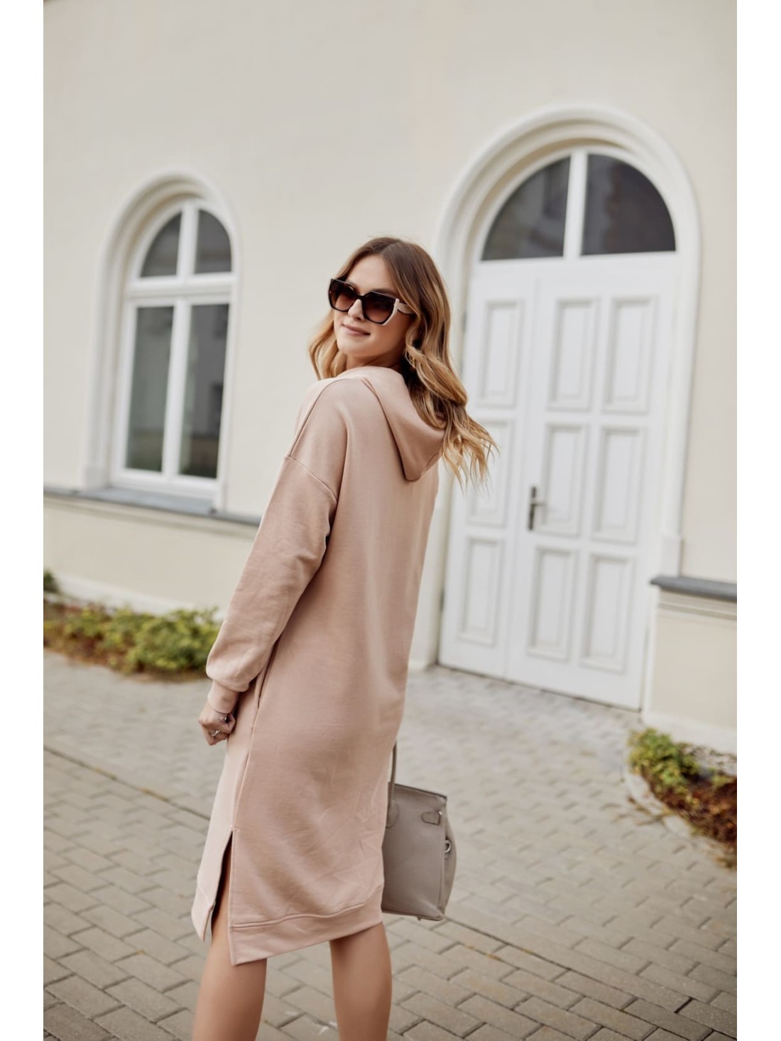 Sports midi dress with a hood, beige FI725 - Online store - Boutique